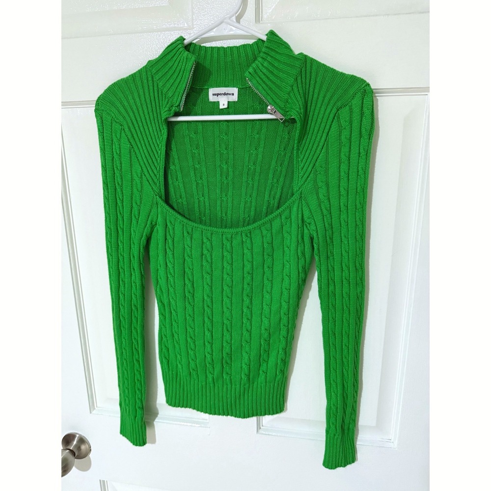 Superdown Green Cable Knit Cutout Quarter Zip Sweater‎ Small